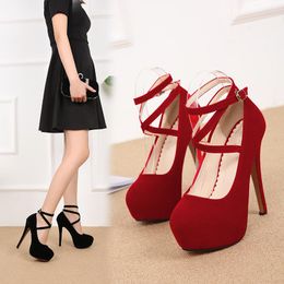 Dress Shoes Big Size 35-46 Women's Flock High Heels Women Pumps Pointed Toe Classic Red Ladies Wedding Office Black