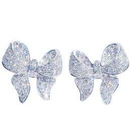 Sterling Silver Sweet Bowknot Designer Stud Earrings Shining Crystal Bling Diamond Luxury CZ Zircon Stone Cute Earring Ear Rings E243C