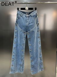 Women s Jeans DEAT Autumn 2023 Streetwear Multi Button Double Patchwork Design High Waist Pockets Straight Denim Pants 11XX5331 230920