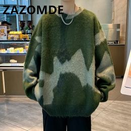 Men s Sweaters ZAZOMDE Winter Men Streetwear Sweater Vintage Abstract Pattern Jumper Hip Hop Knitted Green Pullover Hipster 230920