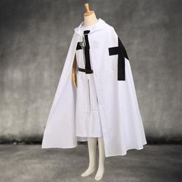 Mediaeval Templar Knights Cloak Set Men's Cosplay White Warrior Larp Costume Tunic CAPE Black Cross Print Ouitfit238i
