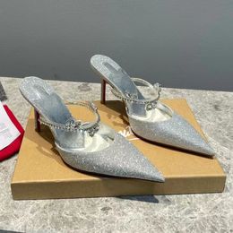 Designer High Heels Pointed Toe Slippers Women Crystal Diamonds High Heels Shoes 2023 New Genuine Silk White Wedding Shoes Bing Slip On Mules Luxury Brand Women Pumps