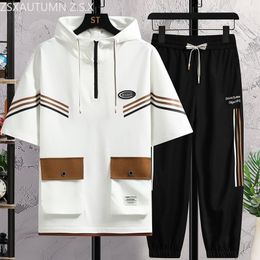 Men's Tracksuits Summer Short Sleeve Suit Man Leisure Sports Thin Hooded Tops Cargo Trousers Two-piece Set Tracksuit Men Loose Fashion 230920