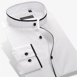 Men's Dress Shirts Banded Collar Mandarin Collar With Black Piping Pocket-less Design Casual Thin Long Sleeve Standard-fit 309W