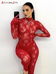 Women's Jumpsuits Rompers Ladies Lace Patchwork Black Long Sleeve Gothic Y2K Sexy Turtleneck Bodysuit Sports Summer Club Red Bodysuit Top 230919