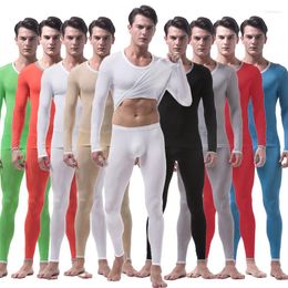 Men's Thermal Underwear Suit Sexy Ultra-thin Long Johns Lce Silk Translucent Lounge Pyjamas Men Tights Undershirt Leggings Sets