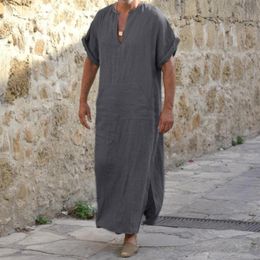 Ethnic Clothing Islamic Arabic Kaftan Men Shirts Linen Cotton Solid Short Sleeve Hooded Robes Dubai Middle East Muslim Clothes2581