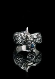 Band Rings Vintage Silver Plated Fox Ring Blue CZ Stone Rings For Men Women Punk Gothic Party Jewelry Gift Whole2964425 x0920