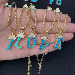 Chains 18K Gold Plated White Blue Opal Crown Alphabet Letter A Charm Initial Necklace For Women