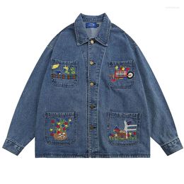 Men's Jackets Men Streetwear Vintage Denim Jacket Fun Cartoon Embroidery With Multiple Pockets Jeans Harajuku 2023 Retro Bomber Coats