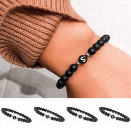 Charm Bracelets Fashion Bracelet 6 MM Initial Letter Lava Stone For Men Women Girl Smooth Black Bead