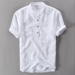 Stand Collar Men's Short Sleeve Linen Cotton Shirt with Botton White Green Blue Summer Casual Shirts Men New309P