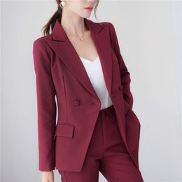 Women's Two Piece Pants Elegant Business Set Burgundy Slim Fit Double Breasted Wedding Bride Mom Formal Party Prom Evening Dress (Jacket