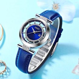 Wristwatches OUBAOER Watch Women Fashion Casual Blue Leather Belt Watches Simple Ladies Round Dial Quartz Diamond Wristwatch Dress Clock
