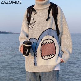 Men's Sweaters ZAZOMDE Men Turtlenecks Shark Sweater 2023 Winter Patchwor Harajuku Korean Style High Neck Oversized Grey Turtleneck For 230919