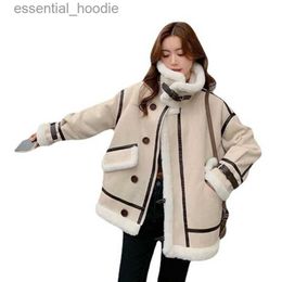 Women's Fur Faux Fur Fur Intergrated Jacket Women Thicken Warm Leather Button Collar Female Moto Bike Coat Zipper Pocket Fake Woollen Lady Overcoat L230920