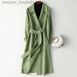 Women's Wool Blends Autumn Winter New Women Wool Coat Vintage Thick Double-faced Cashmere Overcoat Female Solid Colour Sashes Long Woollen Outwears L230920