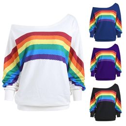 Womens Hoodies Sweatshirts FUAMOS Fashion Spring And Autumn Loose Rainbow Striped Sweatshirt Slant Collar European American Longsleeved Tshirt 230920