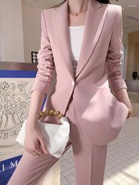 Women's Two Piece Pants Suit For Women Office Wear 2023 Korean Fashion Pink Long Sleeve Single Button Blazers High Waisted Slim Pant Suits