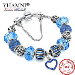 YHAMNI Original Solid 925 Silver Blue Charm Bracelet Bangle with Love and Flower Crystal Beads Safety Chain Bracelet For Women HB02064