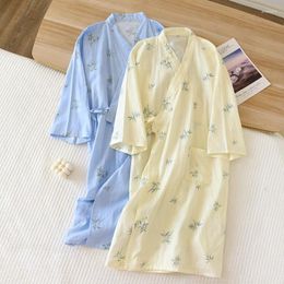Women's Sleepwear Gauze Kimono Couple Pyjamas Autumn Print Long Sleeve Cardigan Lace-up Nightgown V-Neck Cotton Bathrobe Women Men Home