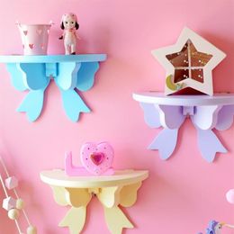Hooks & Rails Japanese Pink Bow Storage Rack Wall-mounted Wooden Shelves For Girl Kids Room Decoration Organiser Holder Bedroom De204j