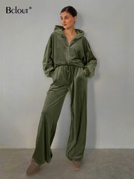 Womens Two Piece Pants Bclout Autumn Green Velvet Pants Sets 2 Pieces Women Fashion Long Sleeve Loose Zippr Hoodies Casual LaceUp Wide Leg Pants Suits 230920