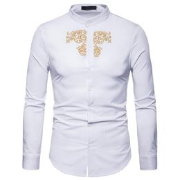 Men's Casual Shirts Luxury Embroidery Henley Shirt Men 2022 Brand Mandarin Collar Long Sleeve Dress Wedding Business Man251S