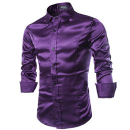 Whole- New Men Shirt Long Sleeve Chemise Homme 2016 Fashion Design Purple Mens Silk Shirt Slim Tuxedo Dress Shirts Camisa Soci207V