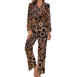 Women's Sleepwear Steampunk Print Pajamas Long Sleeve Rusty Gears 2 Pieces Night Set Autumn Womens V Neck Cute Nightwear