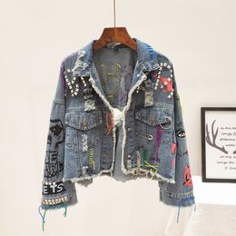 Women's Jackets 2023 Spring Autumn Women Street Fashion Graffiti Denim Jacket Female Short Frayed Raw Cut Rivet Fringe Jean Coat Outwear 230920