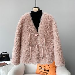 Womens Fur Faux Fur Female Girls Sheep Shearling Warm VNeck Coats Lady Women Lamb Wool Short Thicken Overcoat Top JT3360 230920