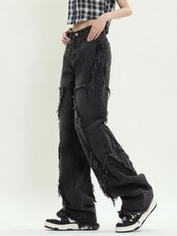 Women's Jeans Black Women Autumn Winter High Waist Loose Vintage Tassel Street Y2k Denim Wide Leg Pants 2023