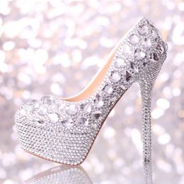 Wedding Shoes Women High Heels Crystal Fashion Bridal Dress Shoes Woman Platforms Silver Rhinestone Party Prom Pumps191t