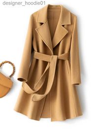 Women's Wool Blends Autumn and Winter New Women's Coat 100% Australian Extra Fine Pure Wool Woollen Coat Solid Colour Long Trench Coat Women's Top L230920