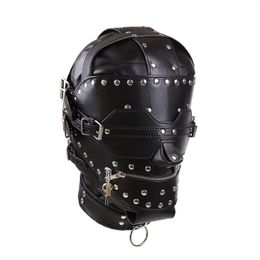 Costume Accessories Black PU Leather Sexy Metal Buttons Head Cover Punk Style Cosplay Party Zipper Rivet Adult Masks Full Head Headgear Game Costume
