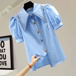 Women's Blouses Beaded Bubble Sleeve Shirt Blouse Women 2023 Summer Loose Slim Personalized Colored Button Solid Casual Short Top