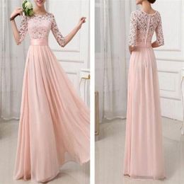 New Formal Bridesmaid Dresses Sexy Chiffon Long Maids Of Honour Bridesmaids Dress With Lace 1 2 Sleeve Floor-length Gowns For Cheap253d