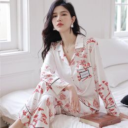 Women's Sleepwear Spring Print Pyjamas Set Women Long Sleeve Pijamas Suit Casual Lingerie Summer Female Silky Satin Home Clothes