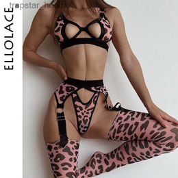 Sexy Set Ellolace Leopard Lingerie With Stocking Cut Out Bra Sensual Brief Sets 4-Piece See Through Lace Fancy Underwear Garter Intimate L230920