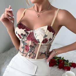 Women's Tanks European And American Summer Clothing Yk2 Fashion Retro Mesh Embroidery Rose Steel Ring Fishbone Camisole