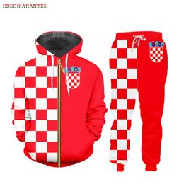 Men's Tracksuits Custom S-6XL Croatia Flag Men's Sportwear Sets Luxury 3d red white Grid Print Zipper Jackets Hoodie T-shirt Tank Joggers Pants 230920
