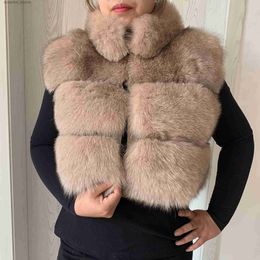 Women's Fur Faux Fur 2023 new women's real fox fur standing collar vest autumn winter warm fashion natural fur vest quality 100% real fox fur jacket L230920