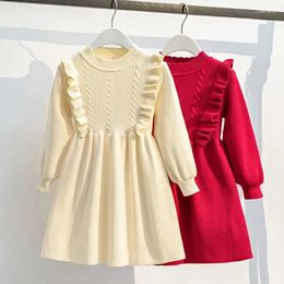 Girl Dresses 3-14 Years Kids Sweater For Girls Solid Ruffles Knit Sweaters Teenager Winter Warm Dress 8 9 11 12 13