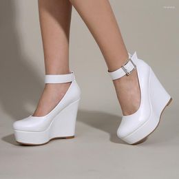 Dress Shoes LIHUAMAO Fashion Wedges High Heels Mary Jane Women Round Toe Ankle Strap Platform Pumps Wedding Party Comfort