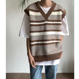 Men's Vests Sweater Men Striped Preppy Style Couple Soft Knitwear Leisure Knitted Unisex Homme Sleeveless Jumpers All-match B266