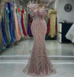 2023 Aso Ebi Arabic Mermaid Pink Prom Dress Crystals Pearls Evening Formal Party Second Reception Birthday Engagement Gowns Dresses Robe De Soiree ZJ370