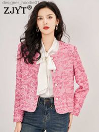 Women's Wool Blends ZJYT Luxury Sequined Pink Tweed Woolen Jacket for Women 2023 Fashion Autumn Winter Coats Sweet Party Outerwear Veste Femme L230920