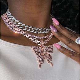14K Iced Out Butterfly Pendant Necklace 9mm Pink Cuban Chain Cubic Charm Pink Tennis Chain Necklace Zircon Men Hiphop Jewelry229s