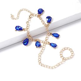 Charm Bracelets Blue Water Drop Crystals Link Chain Finger Bracelet Connected Ring Bangle For Women Jewellery